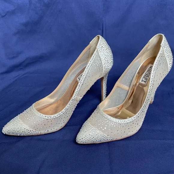 Badgley Mischka Weslee Embellished Satin & Mesh Pointed Toe Pumps - Picture 2 of 7